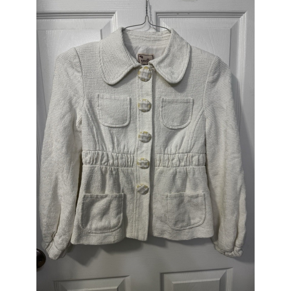 Vtg Nanette Lepore Women's 4 Cream Cotton Peplum Jacket Peter Pan Collar USA